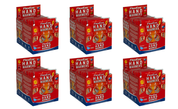 Six boxes of FlexEze Hand Warmers - Each pack folds to become a display box. Australian owned and endorsed by Australian Physiotherapy Association.