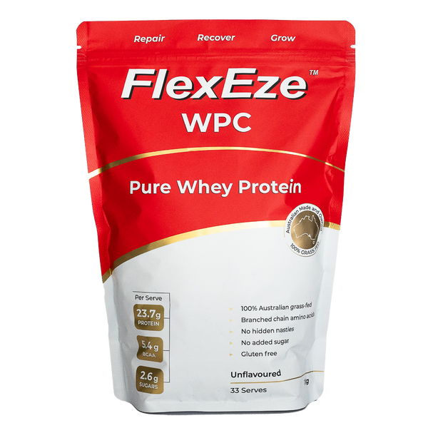 Front of FlexEze Whey Protein Concentrate WPC 1kg bag – unflavoured, Australian made, clean grass-fed protein powder for muscle growth, recovery and repair