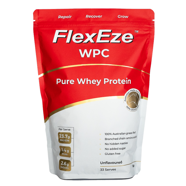 Front of FlexEze Whey Protein Concentrate WPC 1kg bag – unflavoured, Australian made, clean grass-fed protein powder for muscle growth, recovery and repair