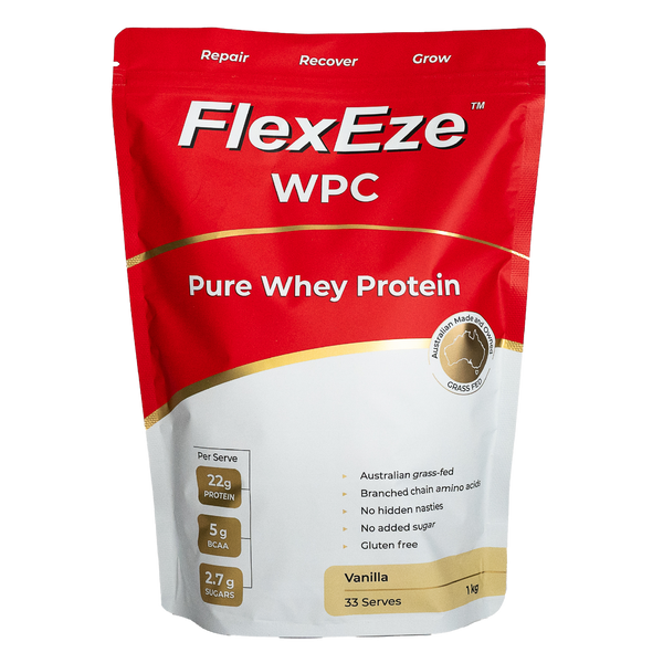 The front of a 1kg bag of Vanilla Flavoured FlexEze Whey Protein Concentrate