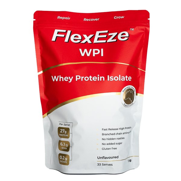 FlexEze Whey Protein Isolate 1kg bag – unflavoured, Australian made, clean grass-fed protein powder WPI for muscle growth, recovery and repair