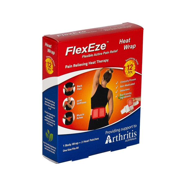 Front of packaging for FlexEze Heat Wrap  - Clinically proven, drug free pain relief of lower back pain and tight, tense or painful muscles for up to 12 hours.