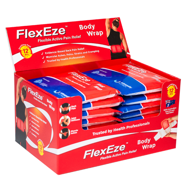 FlexEze Professional Pack of 50 Body Wraps. To be used with FlexEze Heat Patches. FlexEze provides clinically proven, drug free pain relief of lower back pain and tight, tense or painful muscles for up to 12 hours.