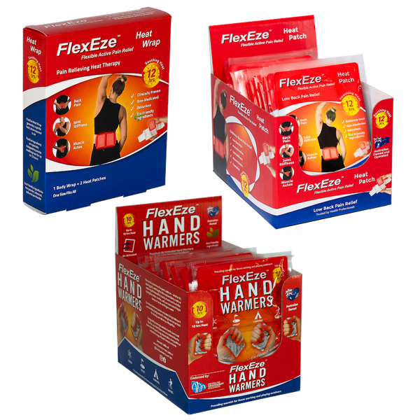 FlexEze Heat Wrap for low back pain relief - clinically proven heat therapy. Combo pack includes Heat Wrap, Hand Warmers and Heat Patches