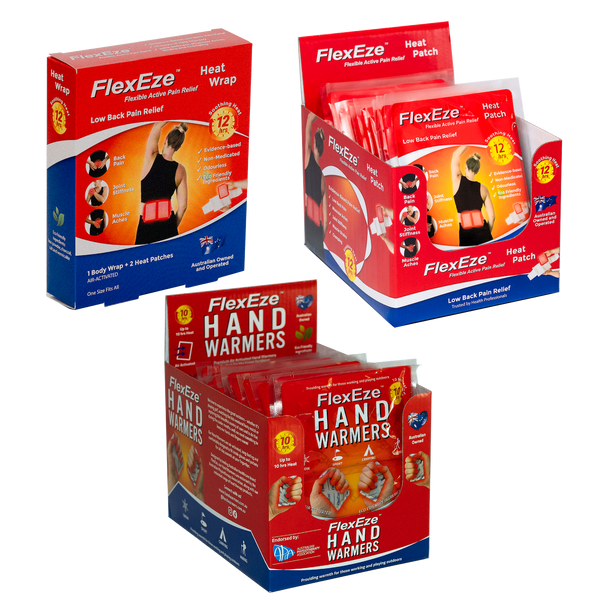 Combo pack includes Heat Wrap, Hand Warmers and Heat Patches. Natural, drug-free relief for back pain & recovery, helping you stay active.