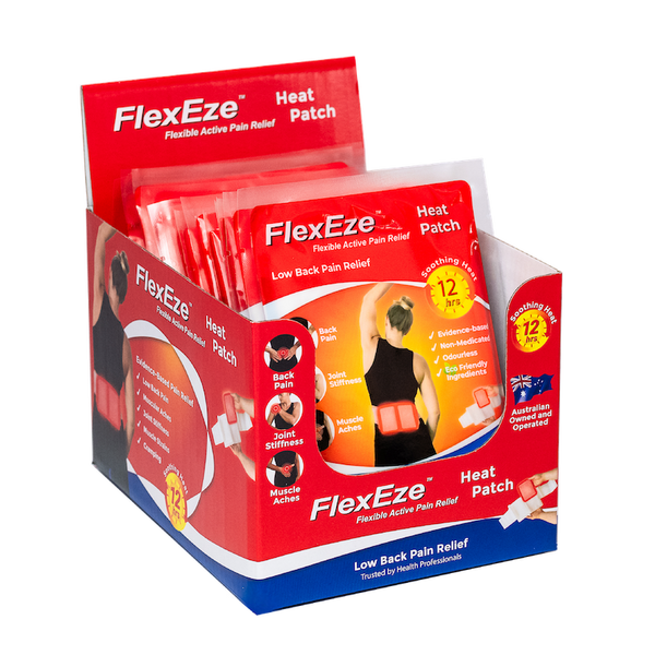 FlexEze self-adhesive heat patches for low back pain and muscle aches.
Box of 20 air activated Heat Patches.