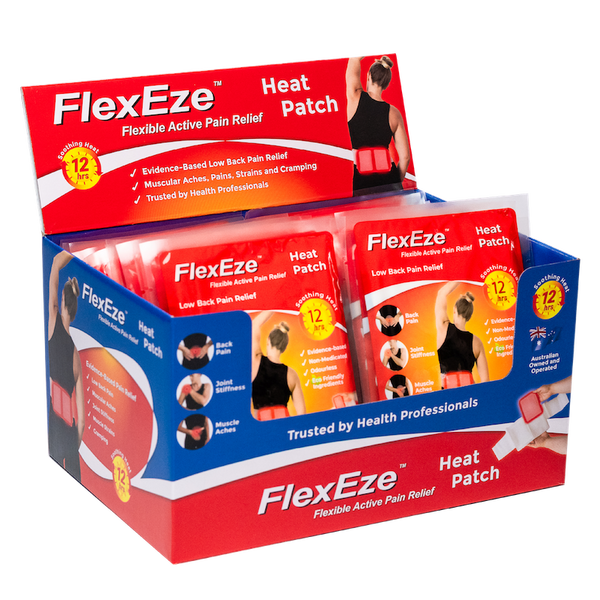 Box of 50 FlexEze Heat Patches for low back pain relief - clinically proven heat therapy. 
Air-activated Heat Patches to be used with FlexEze Heat Wrap