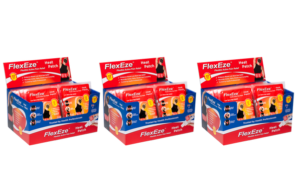 FlexEze Heat Patch Box of 50. Clinically proven, drug free pain relief of lower back pain and tight, tense or painful muscles for up to 14 hours.