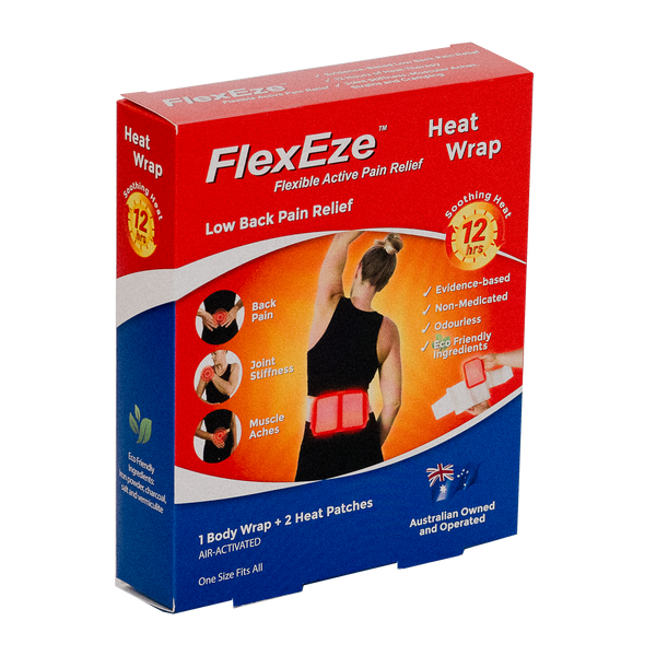 A box of FlexEze Heat Wrap for low back pain relief, featuring a red and blue packaging design with an illustration of a person wearing the red heat wrap.